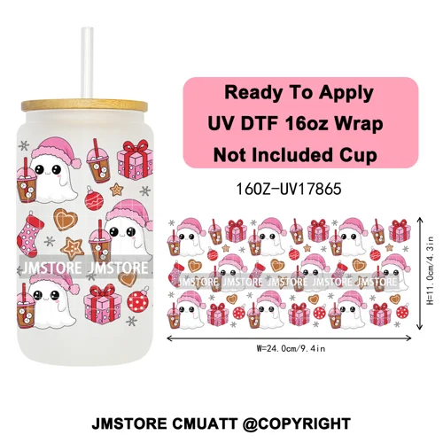 Coquette Christmas Spooky Ghosts UV DTF Cup Wrap Ready To Apply Transfer Stickers Custom 16OZ Tumbler Wraps For Libbey Glass Can