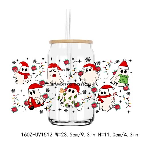 Christmas Santa Gingerbread 16OZ UV DTF Cup Wrap Transfer Sticker Custom Labels DIY Durable Waterproof Logo For Libbey Glass Can