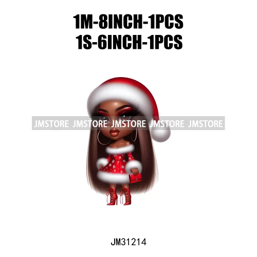 Merry And Bright Melanin Christmas Winter Festive Cheer Santa Woman Iron On DTF Transfer Stickers Ready To Press For Sweatshirts