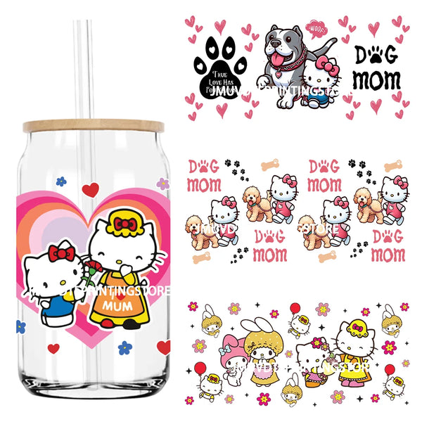 Dog Mom Cartoon Cat With Heart 16OZ UV DTF Cup Wrap Transfer Stickers Custom Labels Durable Waterproof Logo For Libbey Glass Can