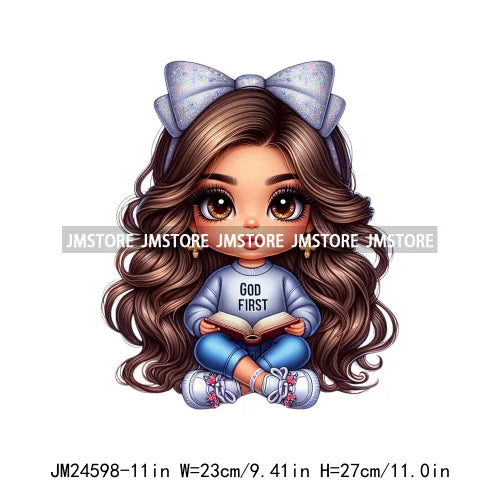 God First Chibi Cute Brown Hair Latina Dolls Baby Girls Coquette Bow Iron On DTF Transfer Stickers Ready To Press For Hoodies