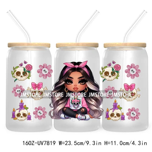 Cute Chibi Mexican Latina Baby Girl 16OZ UV DTF Cup Wrap Transfers Stickers For Libbey Glass Can Cups Tumbler Waterproof Skulls