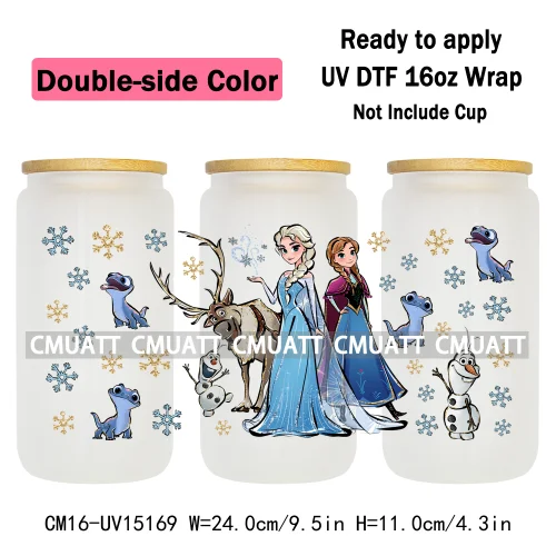 Double Sided Color UV DTF Cup Wraps 16OZ Bulk Waterproof Wholesale Custom Cartoon Cute Princess Mug Glass Water Bottles Sticker