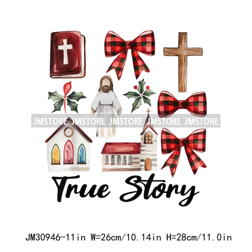 Christian Jesus True Story Religious Bible Verse Santa Christmas Saying Iron On DTF Transfer Stickers Ready To Press For Hoodies