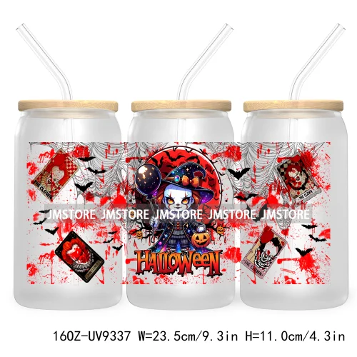 Horror Characters 16OZ UV Cup Wrap DTF Transfer Stickers For Libbey Glass Can Cups Tumbler Waterproof Labels Halloween Skull