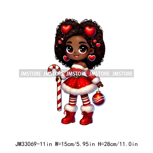 Chibi Candy Santa Girl African American Characters Merry Christmas Gift Iron On DTF Transfer Stickers Ready To Press For Clothes