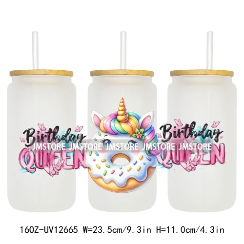 Unicorn Birthday Girl Gifts Coquette Bow Girly Princess 16OZ UV DTF Cup Wrap Transfer Stickers Waterproof For Libbey Glass Can