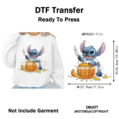 Spooky Scary Cute Cartoon Blue Animal Halloween Horror Vibes Iron on DTF Washable Transfers Stickers Ready to Press for Clothing