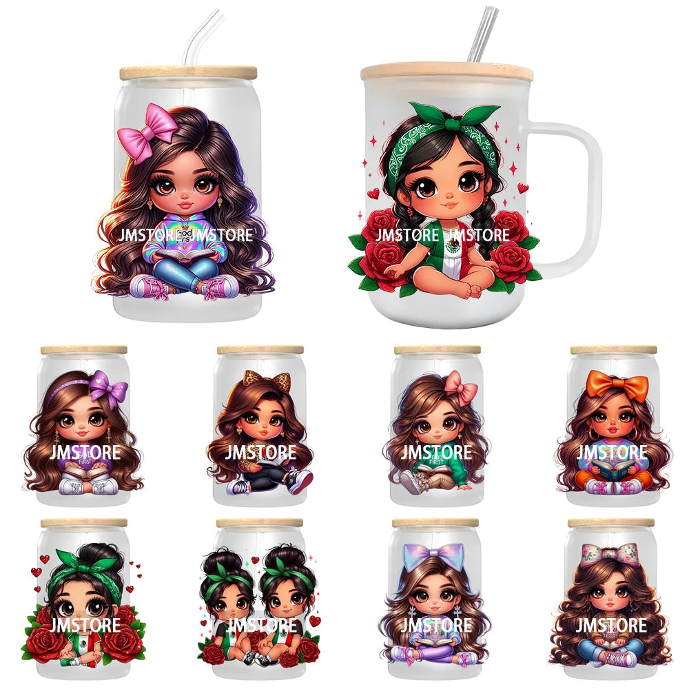 Cute Chibi Latina Baby Girl UV DTF Transfer Stickers Decals For Libbey Glass Cold Cups Mugs Tumbler Custom Waterproof DIY Labels