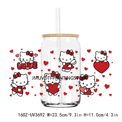 Cartoon Hello Girl Cat Valentine's Day UV DTF Sticker For 16OZ Libbey Glass Cup Can Wrap Transfer Sticker Custom Labels DIY Logo