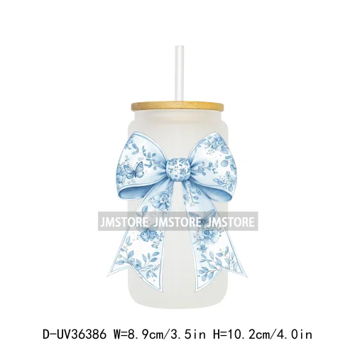 Blue Chinoiserie Coquette Bow UV Sticker Decals For Libbey Cold Cups Mug Tumbler Transfer Stickers Waterproof Top Quality Prints