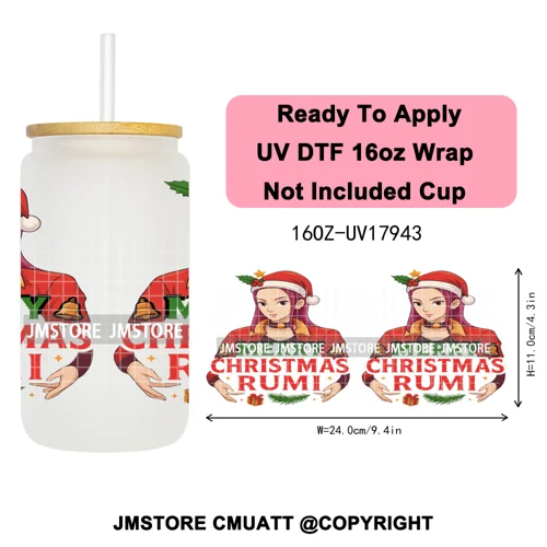 Kpop Demon Inspired Movie Christmas Santa Hat 16OZ UV DTF Cup Wrap Ready To Apply Durable Transfer Stickers For Libbey Glass Can