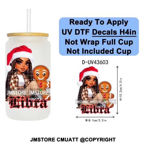 Chibi Christmas Chicana Zodiac Girl UV DTF Transfer Stickers Decals Ready To Apply Good Quality Prints For Libbey Cold Cup Mug