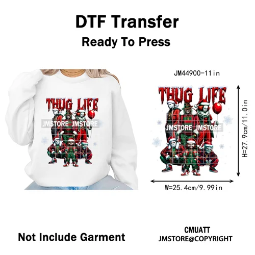Winter Christmas Cartoon Holiday Characters Thug Life Green Iron on Washable DTF Transfers Stickers Ready to Press for Textiles
