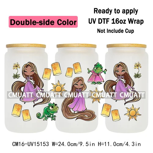 Double Sided Color UV DTF Cup Wraps 16OZ Bulk Waterproof Wholesale Custom Cartoon Cute Princess Mug Glass Water Bottles Sticker