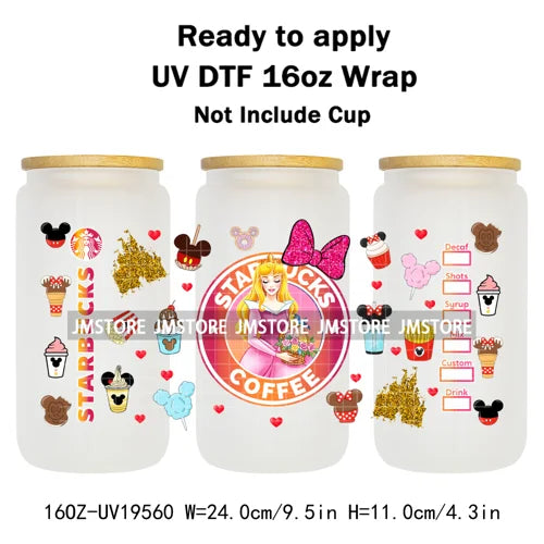 Faux Glitter Coffee Cartoon Princess Girly 16OZ UV DTF Cup Wraps Ready To Apply Waterproof Transfer Sticker For Libbey Glass Can
