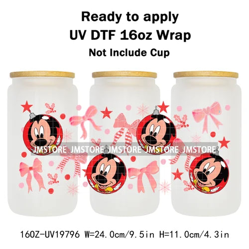 Christmas Mouse Cartoon Charater Girly UV DTF Cup Wrap Ready To Apply Transfer Stickers Durable For 16OZ Libbey Glass Can Bottle
