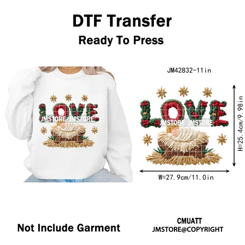 Trendy Faux Yarn Crochet Joy Love Jesus Christian Christmas Iron on DTF Washable Transfers Stickers Ready to Press for Textiles