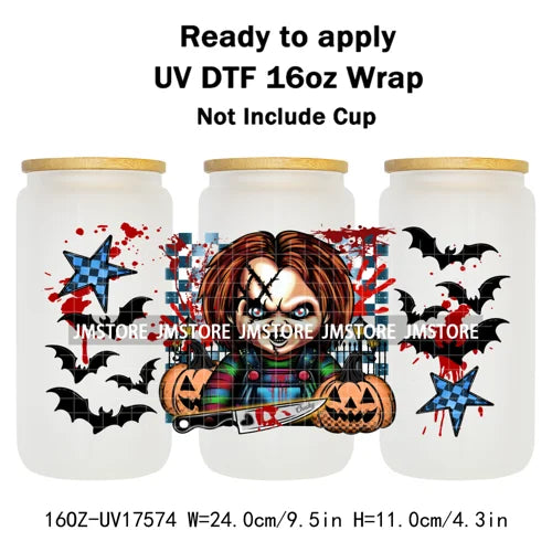 Movies Characters Horror Halloween Cartoon 16OZ UV DTF Cup Wraps Ready To Apply Waterproof Transfer Sticker For Libbey Glass Can
