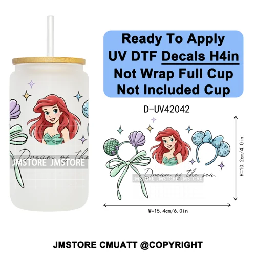Cartoon Mouse Head Princess Family Vacation UV DTF Decals Ready To Apply Waterproof Transfer Stickers For 16OZ Libbey Glass Can