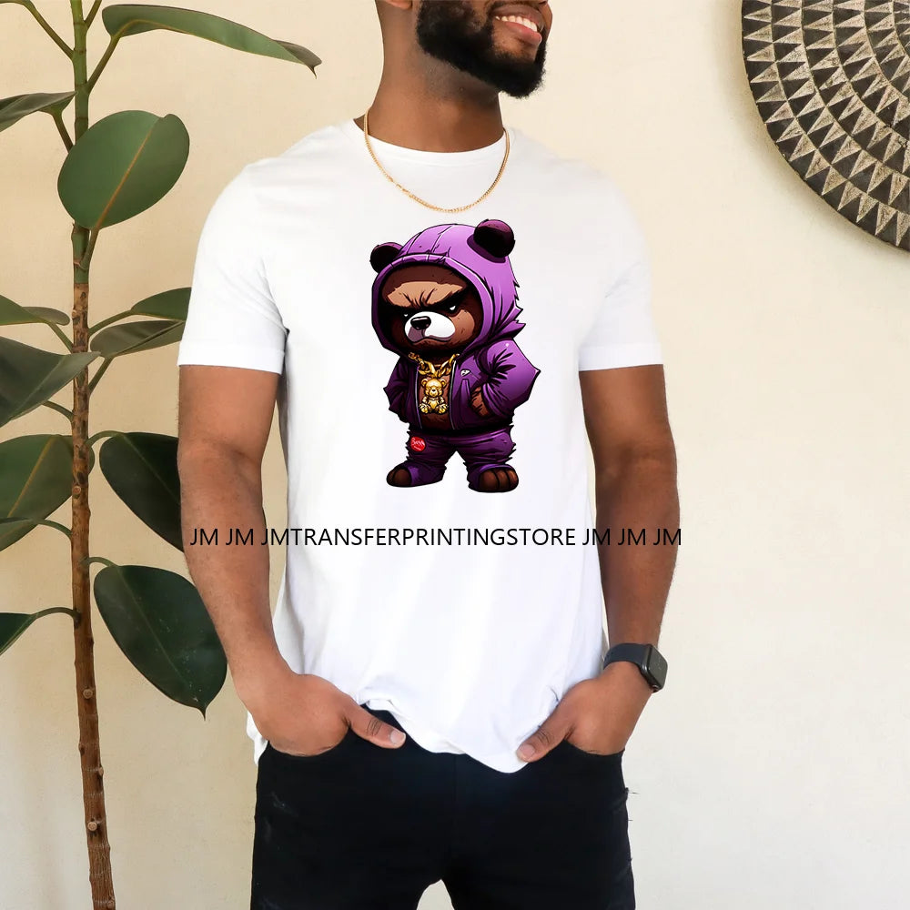 12in Cartoon Gangster Hip Hop Streetwear Teddy Bear Lover Designs Iron on DTF Heat Transfers Stickers Ready to Press for Hoodies