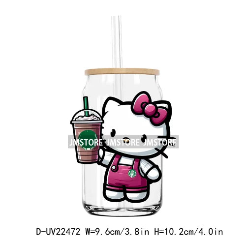 Colorful Cartoon Hello Cat With Coffee Cup UV DTF Transfer Stickers Decals For Libbey Cold Cups Mug Tumbler Waterproof DIY Craft