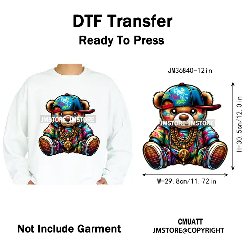 12in Hip Hop Vibes Urban Style Rich Bear With Gold Chains King Animal Iron on DTF Transfers Stickers Ready to Press for Textile
