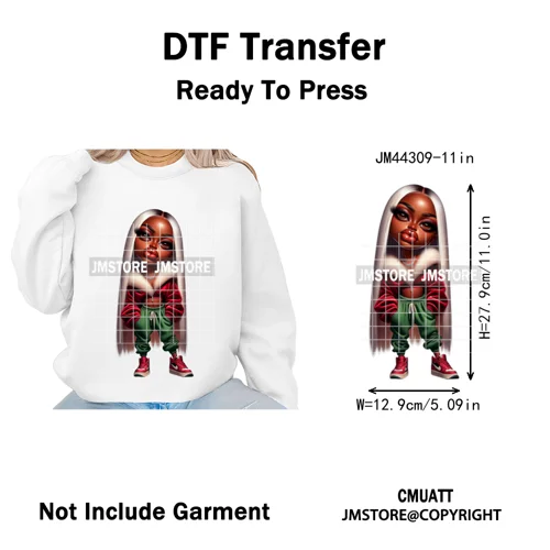 Sassy Black Girl Santa Christmas Bright Gingerbread Iron on Washable DTF Heat Transfers Stickers Ready to Press for Sweatshirts