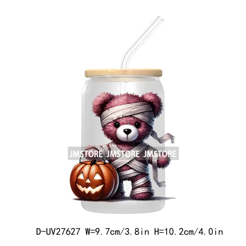 Spooky Halloween Horror Bear UV DTF Transfer Stickers Decals For Libbey Cold Cups Mugs Tumbler Waterproof Labels Scary Pumpkin