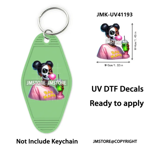 Afro Girl Halloween Skeleton Zombie UV DTF Motel Keychain Decal Ready To Ship Durable Transfer Stickers Print For Hotel Keychain