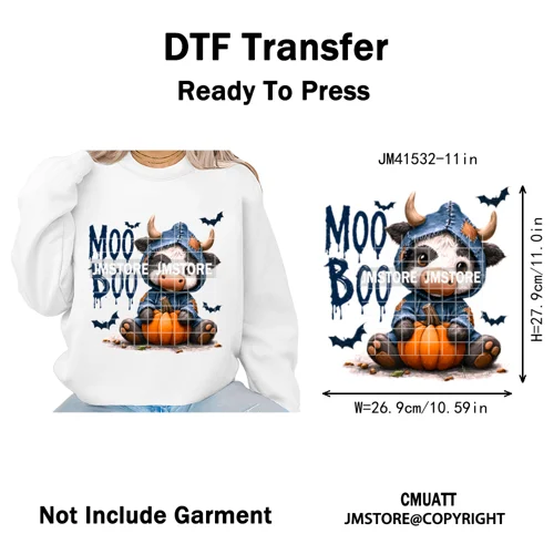 Pumpkin Leopard Spooky Ghost Moo Boo Cow Pet Halloween Bow Iron on DTF Washable Transfers Stickers Ready to Press for T-shirts
