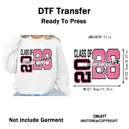 High School Senior 2026 Graduation Club Coquette Gifts Iron on Washable DTF Heat Transfers Stickers Ready to Press for Clothes