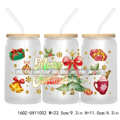 Coquette Glitter Holly Jolly Christmas Tree UV DTF Cup Wrap For Libbey Glass Can Transfer Stickers Waterproof Custom Labels Gift