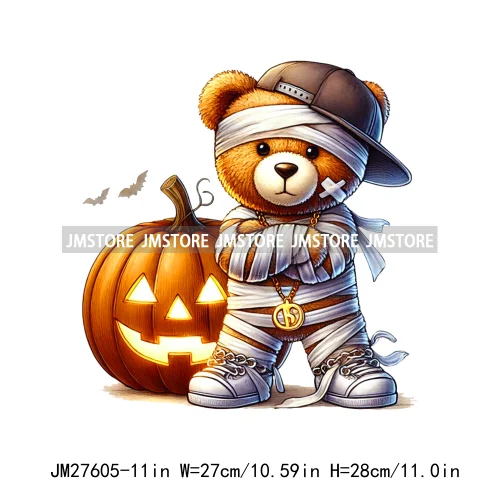 Hip Hop Halloween Pumpkin Mummy Bear Scary Vibes Printing Logos DTF Iron On Transfers Stickers Ready To Press For Sweatshirt