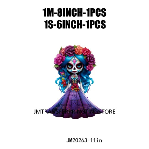 Cute Doll La Catrina Day Of The Dead Sugar Skull Mexican Halloween Iron On DTF Transfer Stickers Ready To Press For Hoodies Bags