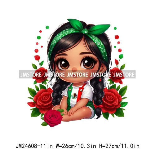 Cute Chibi Mexican Girl Designs Hispanic Red Rose Green Coquette Bow Latina Princess Iron On DTF Transfers Stickers For T-shirts