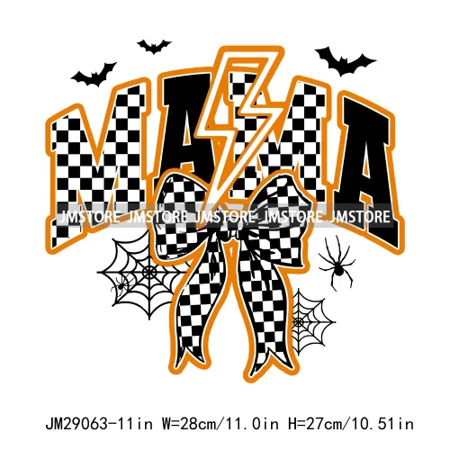 New Spooky Mama Neon Halloween Checkered Girly Coquette Bow Designs Iron On DTF Transfer Stickers Ready To Press For Hoodies