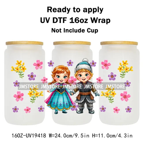 Kids Cartoon Character Flowers Butterfly 16OZ UV DTF Cup Wraps Ready To Apply Waterproof Transfer Stickers For Libbey Glass Can