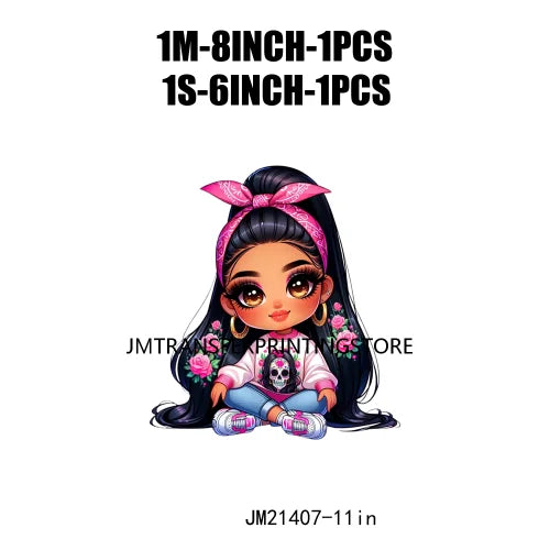 Pink Bow Long Hair Chibi Cute Chicana Doll Girls With Earing Washable Iron On DTF Transfers Stickers Designs For Sweatshirt