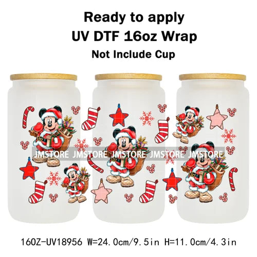 Festive Mouse Christmas Candy Cane 16OZ UV DTF Cup Wraps Ready To Apply Waterproof Transfer Stickers For Libbey Glass Can Bottle