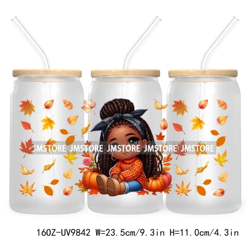 Afro African Girl 16OZ UV Cup Wrap DTF Transfer Stickers For Libbey Glass Can Cups Tumbler Fall Season Autumn Waterproof Labels