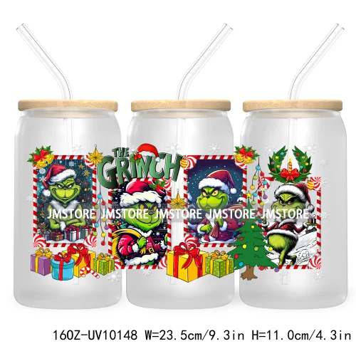 Christmas Coffee Cups Green Guy 16OZ UV Cup Wrap DTF Transfer Stickers For Libbey Glass Can Cup Tumbler Waterproof Label Cartoon