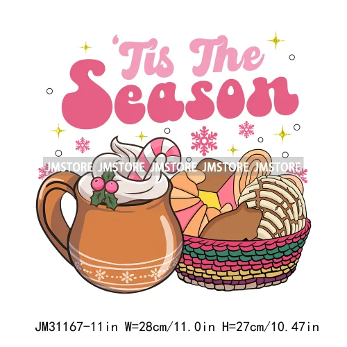 Funny Tis The Season Mexican Chocolate Pink Christmas Pan Dulce Spanish Iron On DTF Transfer Stickers Ready To Press For Clothes