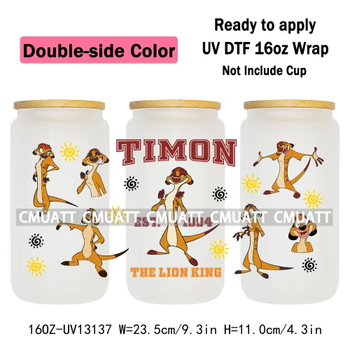 Double Side Color Cartoon Lion UV DTF Cup Wrap Transfer Stickers For 16oz Libbey Glass Beer Selfadhesive Waterproof Adhesive