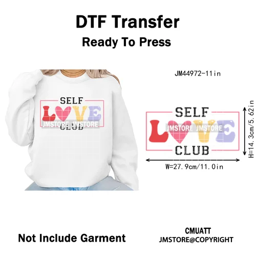 Self Love Club Mental Health Quotes Positive Inspirational Iron on Washable DTF Transfers Stickers Ready to Press for Clothing