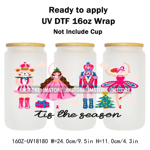 Faux Glitter Preppy Nutcracker Christmas UV DTF Cup Wrap Ready To Apply Transfer Sticker 16OZ Tumbler Wraps For Libbey Glass Can