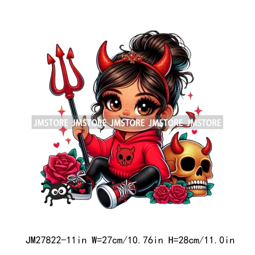 Chibi Cute Halloween Devil Latina Baby Hispanic Girls Skull Red Rose DTF Iron On Transfer Stickers Ready To Press For Sweatshirt