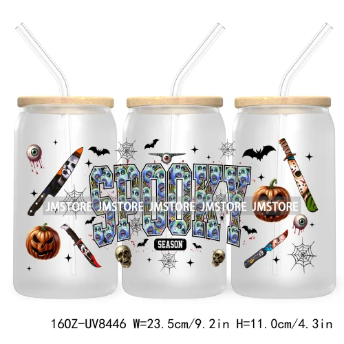 Halloween Characters 16OZ UV DTF Cup Wrap Transfer Sticker Custom Label Waterproof Logo For Libbey Glass Can Spooky Horror Movie