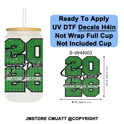 Faux Glitter Senior 2026 School UV DTF Decals Ready To Apply Waterproof Transfer Stickers DIY Crafts For 16OZ Libbey Glass Can
