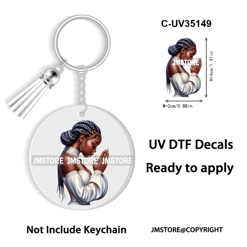 Christian Jesus God Pray Afro Girl UV DTF Decal Round Keychain Ready To Apply WaterProof Transfer Stickers For Circle Keychain